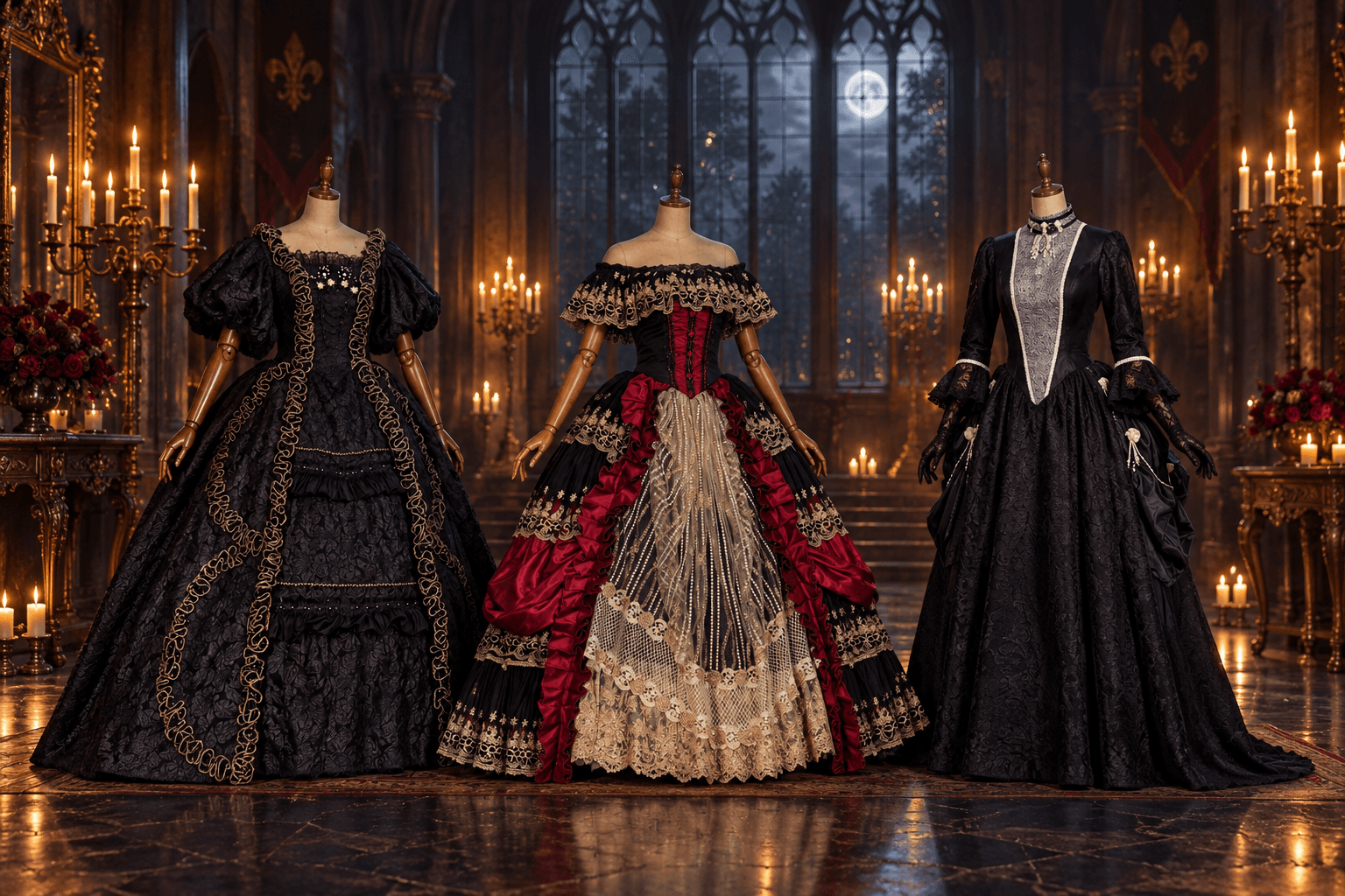 Three black Rococo and Victorian ball gowns on wooden-arm mannequins in a candlelit gothic hall